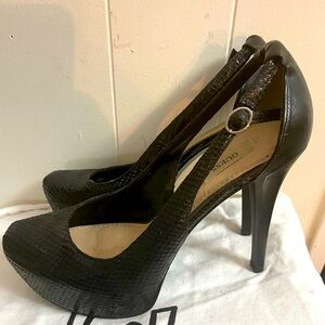 Black snakeskin 4 inch heels with adjustable strap